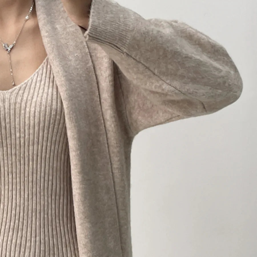 Fall Winter Warm Knitted Dresses 2 Pieces Set For Women Korean Casual V Neck Knit Sweater Dress+long Sleeve Solid Cardigans Suit Aiertu