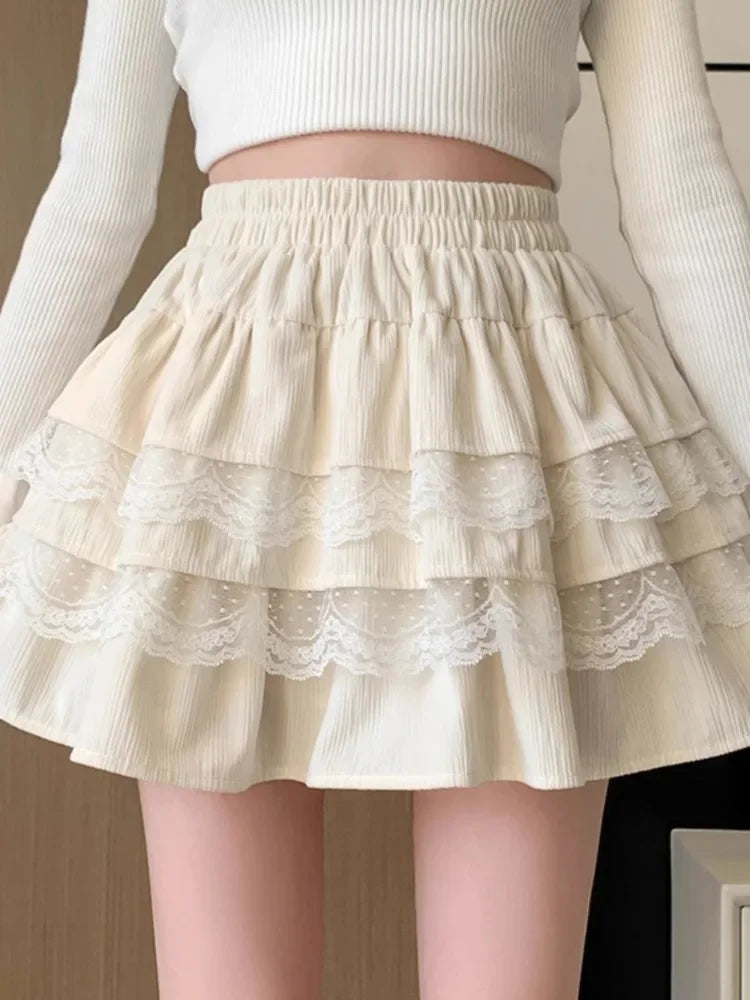 Aiertu Coquette Y2k Lace Cake Mini Skirt Sweet Girls Kawaii Cute Ruffles Patchwork Skirt 2024 Spring Japanese Harajuku Aiertu
