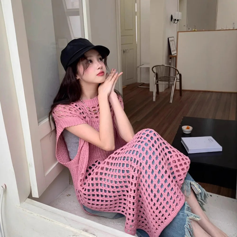 AIERTU  -  Spring New French Solid Hollow Out Knit Dress Women Mid Long Loose Sleeveless Vest Outerwear Layered Casual Midi Dress Aiertu