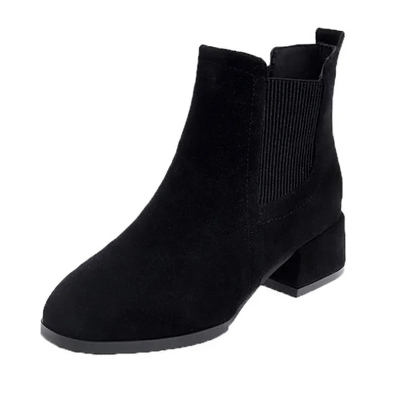 Women  Ankle Boots Autumn Winter  Boots Slip-on Round Toe 3.5cm Square Heel Solid Casual Black Camel Booties Size 35-43 Aiertu