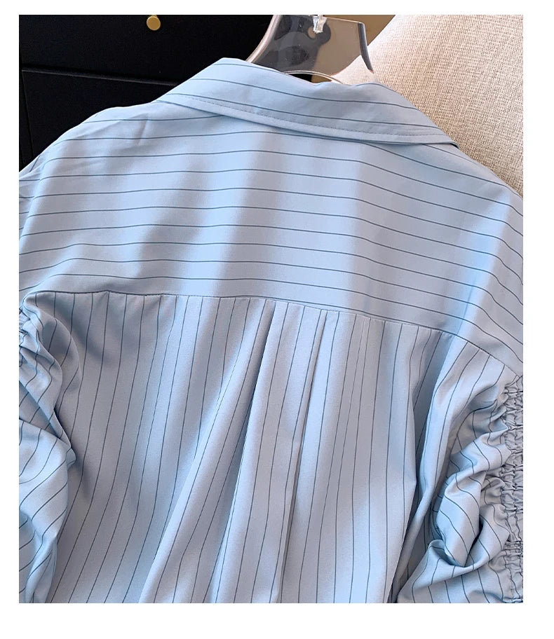 Aiertu Korean Style Striped Folds Long Sleeve Single Breasted Shirt 2024 Spring Summer Women's Casual Turn-Down Collar Baggy Blouse Top Aiertu