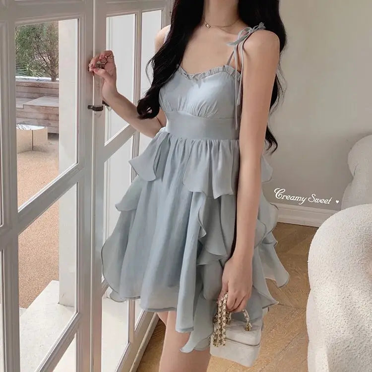 Aiertu Women's Sexy Mini Dress, Sleeveless, High Waist, Ruffle, Kawaii, Japanese, Young Girl, Casual Sundress, Summer, Aiertu