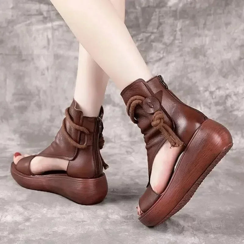 Aiertu Vintage Leather Cool Boots Mid Heels Wedges Shoes Women Ladies Strap Casual Sandalias Fashion Rear Zipper Sandals Spring Summer Aiertu
