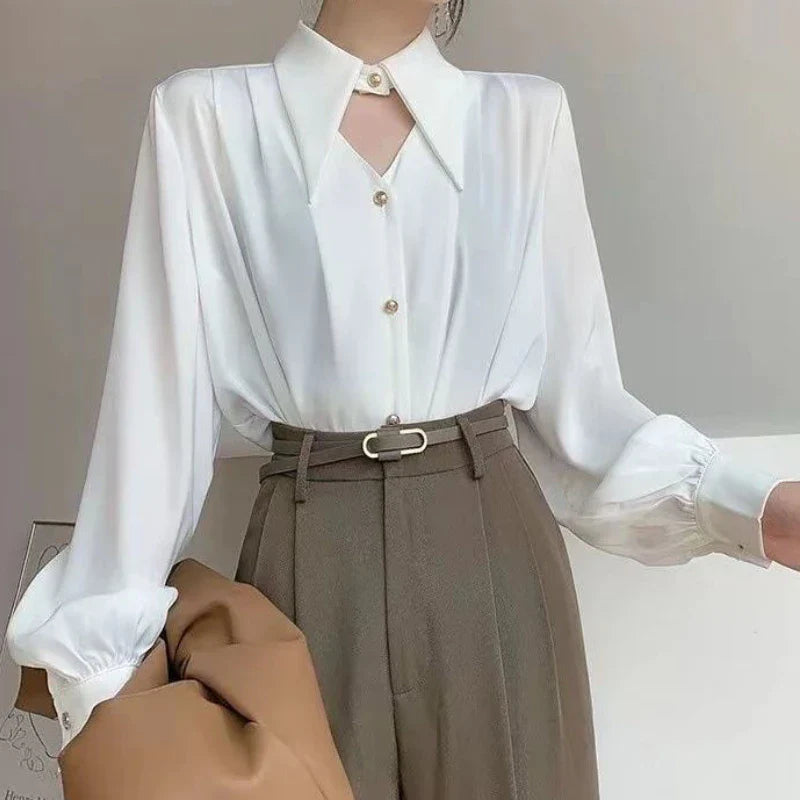 Aiertu Casual Shirts Women Fashion Romantic Solid Soft V-Neck Streetwear Spring All-match Hollow Out Retro European Style Simple Design aiertu