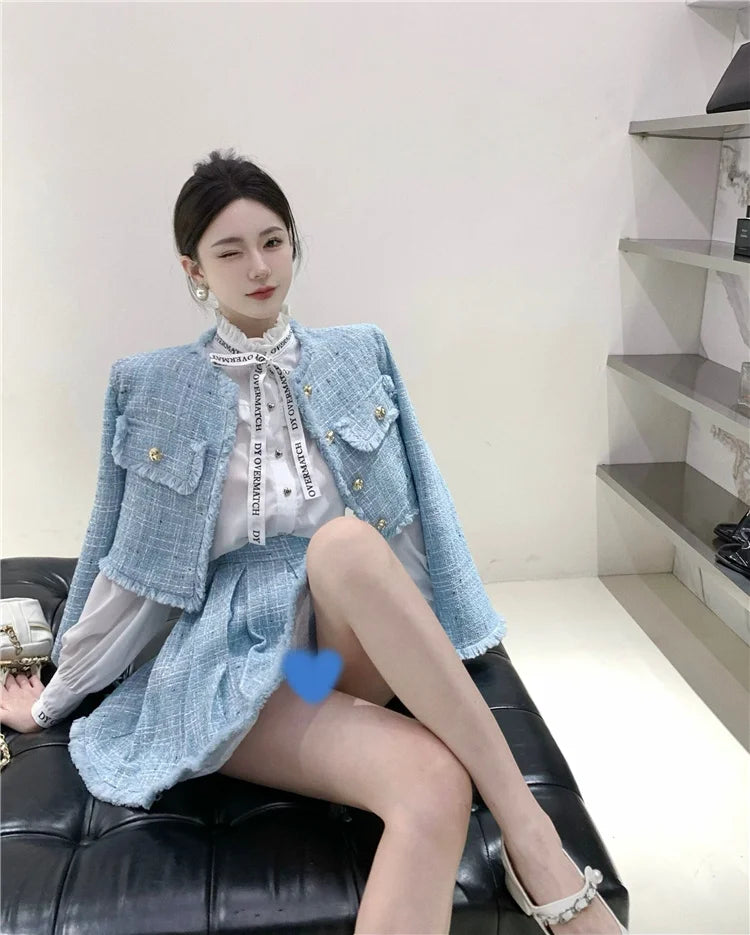 Aiertu High Quality Fashion Tassel Design Small Fragrance 2 Piece Sets Women Outfit Long Sleeve Short Jacket Coat + Pleated Skirt Suits Aiertu
