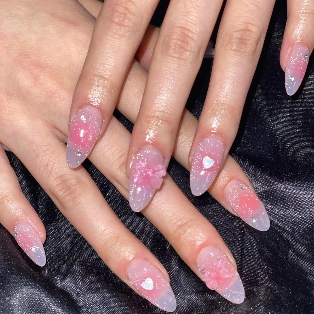 Aiertu 24Pcs Valentine Nails Press on Love Y2k Acrylic Nails Sparkle Butterfly French Cat Eye Almond Full Cover Stick on False Nail Tip Aiertu