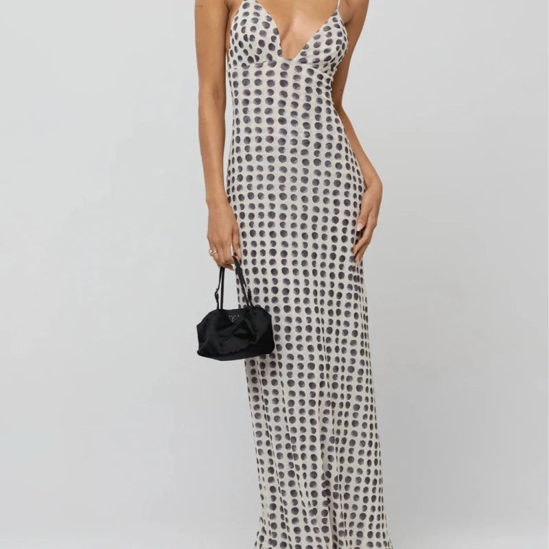 AIERTU  -  Elegant Polka Dot Spaghetti Straps V-Neck Sleeveless Suspender High Waist Slim Maxi Long Dress Evening Gown Party Dress Beach Aiertu