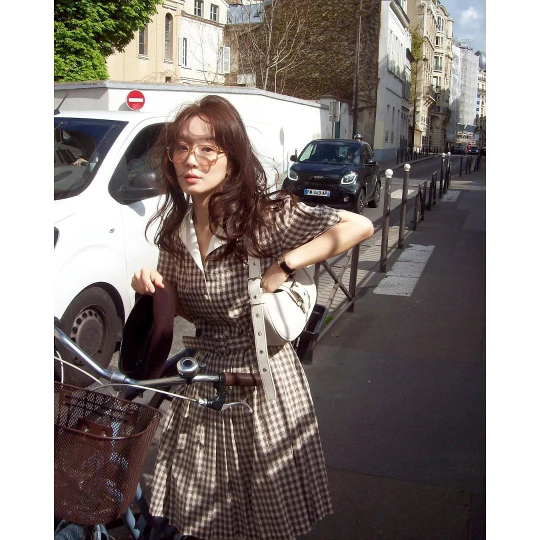 AIERTU  -  Korean Style Summer New Plaid Dress with Belt Loose Feel Sweet Style Women's Dress Short Sleeve Shirt Collar Casual Scene Aiertu
