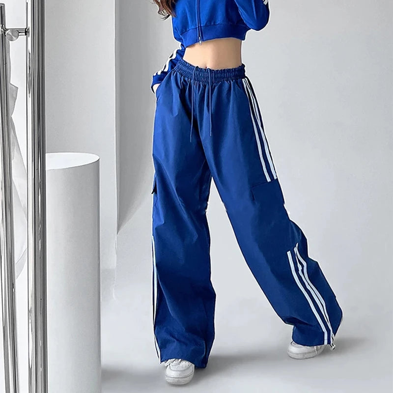 Aiertu Striped Sweatpants Women Hip Hop Streetwear Baggy Wide Leg Cargo Pants Bf Y2K High Waist Drawstring Joggers Trousers Aiertu