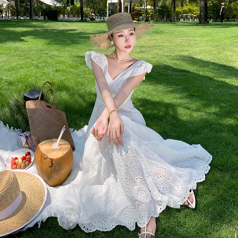 Aiertu Women White V-neck Backless Bandage Evening Party Dress Fashion New Hollow Out Long Sleeve Elegant Slim A-line Sundress Vestidos Aiertu