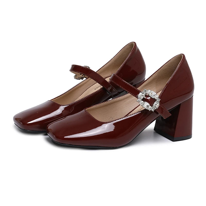 AIERTU  -  Mary Jane Chunky Heel Square Head Simple Single Shoes Women's Patent Leather Strap Diamond Buckle High Heels Spring Autumn Aiertu