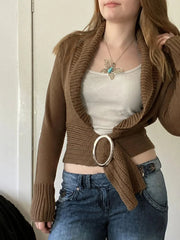 AIERTU  -  Brown Chunky Knit Shawl Collar Cardigan Long Sleeve Cropped Open Front Belted Daily Casual Streetwear Chunky Rib Cardigan Aiertu