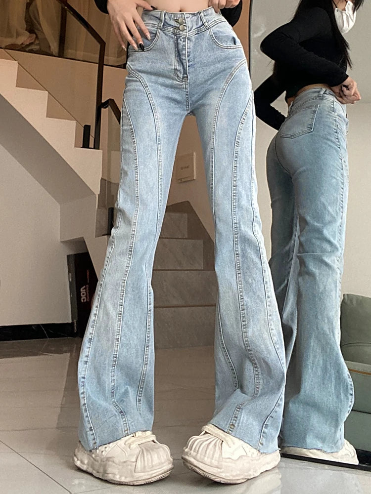 Aiertu Vintage Flared Stretch Jeans Women High Waist Skinny Boot Cut Gray Denim Pants Y2K Punk Streetwear Wide Leg Trousers Aiertu