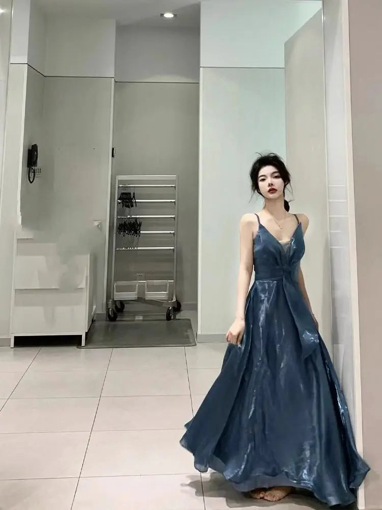 Aiertu Blue Elegant Sexy Slip Dress Women Sleeveless Korean V-neck Long Dresses Fashion Casual One Piece Dress Ladies Summer 2024 Chic Aiertu