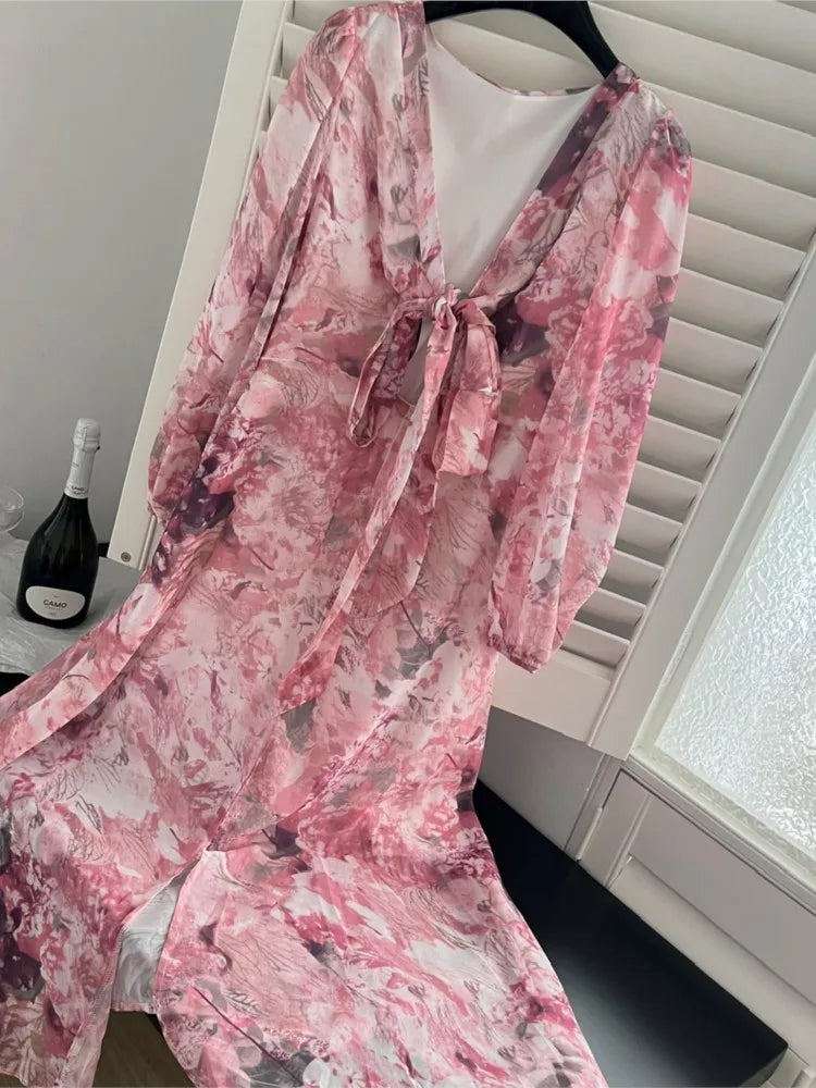 Aiertu Fashion New Women Floral Casual Midi Pink Dress Summer Elegant Chic Bandage A-Line Party Beach Maxi Vestidos Female Robe Clothes Aiertu