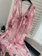 Aiertu Fashion New Women Floral Casual Midi Pink Dress Summer Elegant Chic Bandage A-Line Party Beach Maxi Vestidos Female Robe Clothes Aiertu