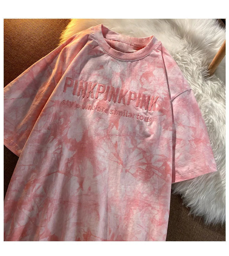 Aiertu Tie-dye Embroidery Letter Short Sleeve Top Korean Popular Trendy Female T-shirt Summer New 2024 Fashion Y2K Tops Aiertu