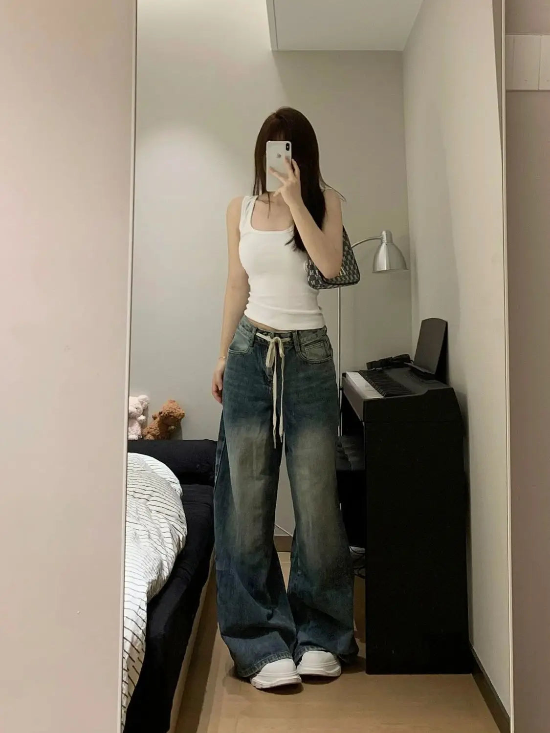 Aiertu Harajuku Vintage Drawstring High Waist Loose Jeans Autumn Pants Winter Women's Y2K Wide Leg Baggy Streetwear Denim Trouser Aiertu