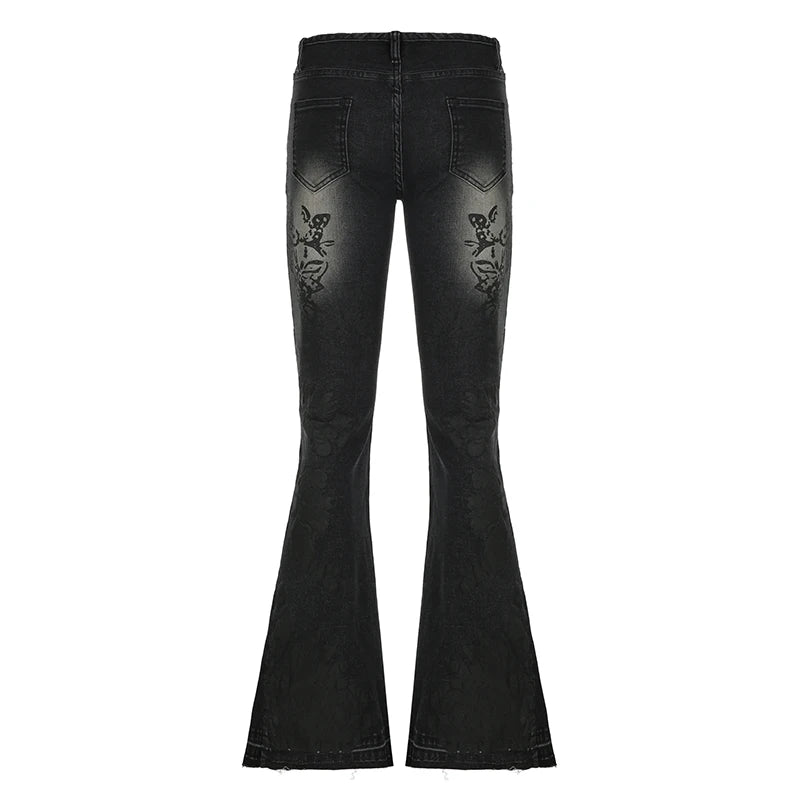 Aiertu Streetwear y2k Flare Jeans Distressed 2000s Floral Print Low Rise Slim Denim Pants Korean Women Trousers Retro Mom Jeans Aiertu
