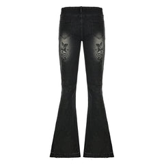Aiertu Streetwear y2k Flare Jeans Distressed 2000s Floral Print Low Rise Slim Denim Pants Korean Women Trousers Retro Mom Jeans Aiertu