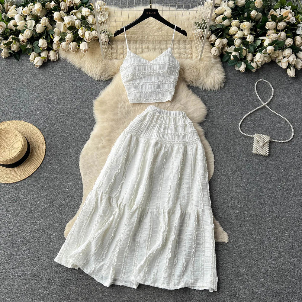 Aiertu Summer Lace Patchwork Beach Two Pieces Sets Women Sexy Camisole+A Line Long Skirt Fashion Elastic Bohemian Suits Aiertu
