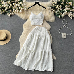 Aiertu Summer Lace Patchwork Beach Two Pieces Sets Women Sexy Camisole+A Line Long Skirt Fashion Elastic Bohemian Suits Aiertu