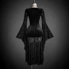 AIERTU  -  Elegant Lace Dress for Women Black V-Neck Flared Sleeve Velvet Dresses Autumn Winter Commuting Slim Fit Long Dresses Aiertu