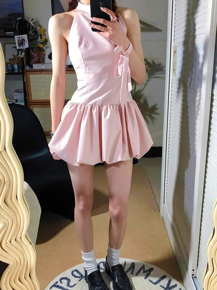 Aiertu Coquette Y2k Pink Halter Mini Dress Women 2024 Summer Fashion Off Shoulder Party Short Dresses with Belt Aiertu