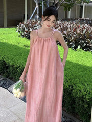 Aiertu Pink Halter Sexy Club Loose Pleated Bandage Large Swing Long Dress Elegant Holiday Party Dress For Women Summer Simplicity Aiertu