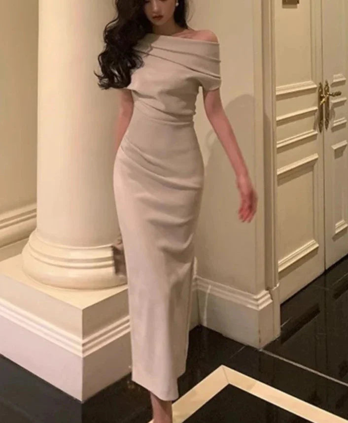 Aiertu DRESS TO IMPRESS Solid Bodycon Evening Party Dresses for Women Fashion Off Shoulder Prom Vestidos Summer Korean Robe Female Clothing aiertu