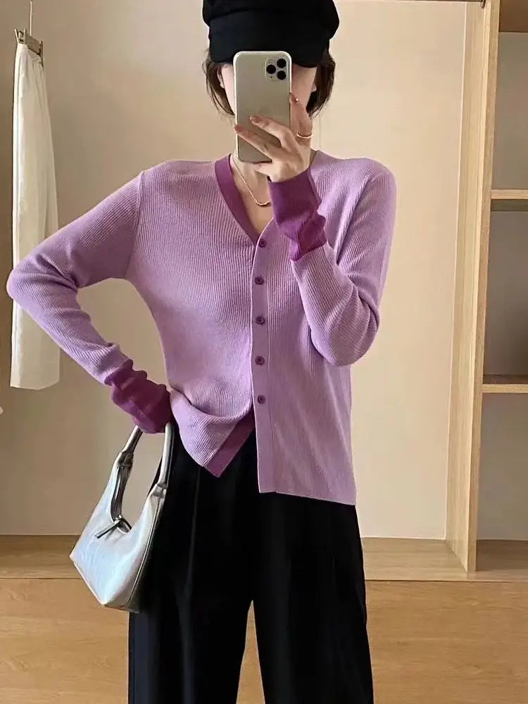 Autumn Knit Cardigan Girls Patchwork Long Sleeve Sweater Shirts Woman Contrast Color Knitted Tops Aiertu