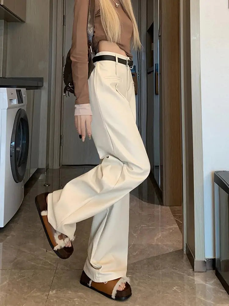 New White Casual Fashion Female Pu Wide Leg Pants Winter Black Office Lady Loose High Waist Simple Women Brown Leather Trousers Aiertu