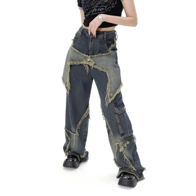 Aiertu  Vintage Women High Waist Jeans Streetwear Ripped Female Wide Leg Pant American Style Casual Tassel Straight Denim Trousers Aiertu