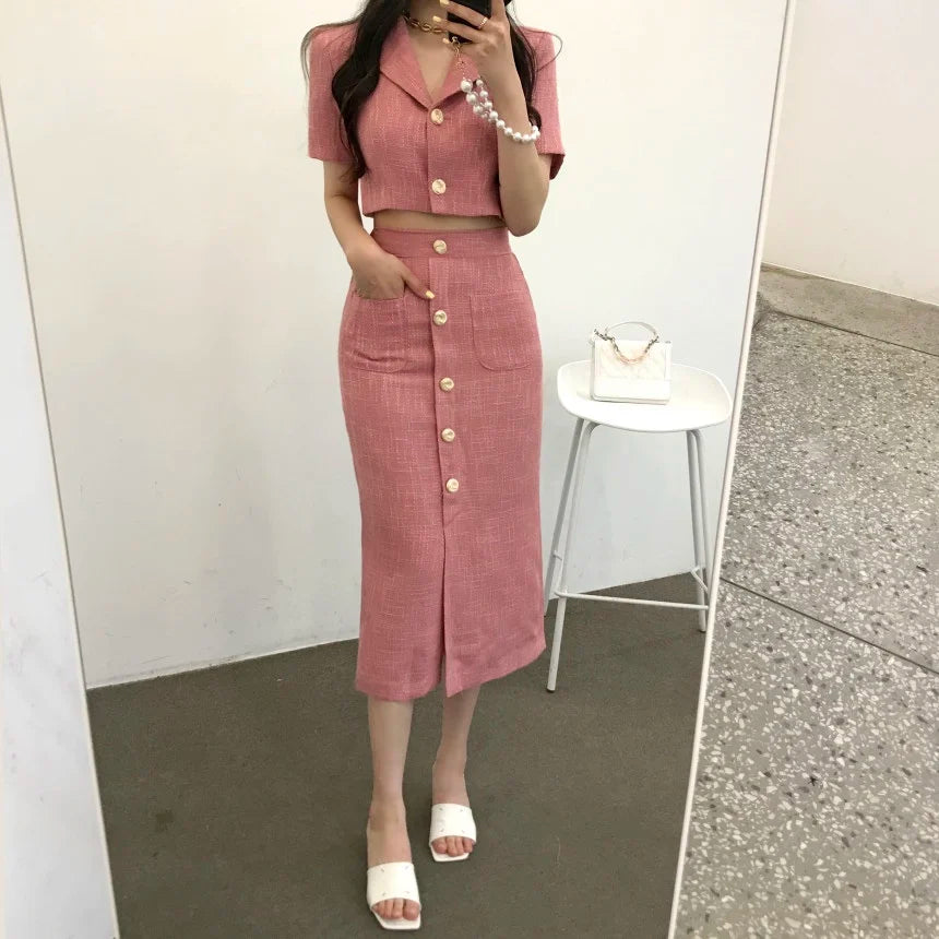 Aiertu Fashion Korea Elegant Lapel Thin Tweed Small Suit Short Jacket + High Waist Chic Button Slim Women Two Piece Skirt Sets Summer Aiertu