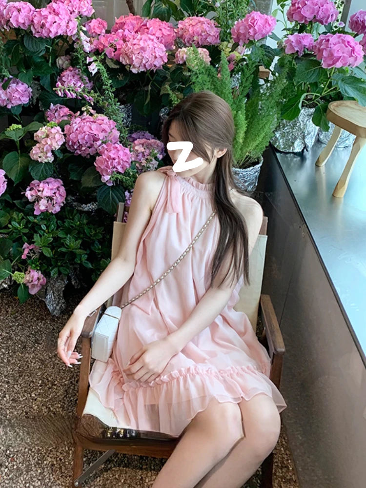 Aiertu Sweet Pink Y2k Mini Dress Party Women Casual Sleeveless Elegant Dress Korean Style Fashion Pure Color Dress Female Summer Aiertu