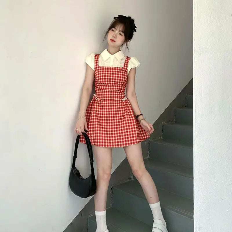 Aiertu Y2k Coquette Kawaii Cute Plaid Shirt Dress Women Preppy Style Sweet Girls Short Party Dresses 2024 Summer Fashion Aiertu