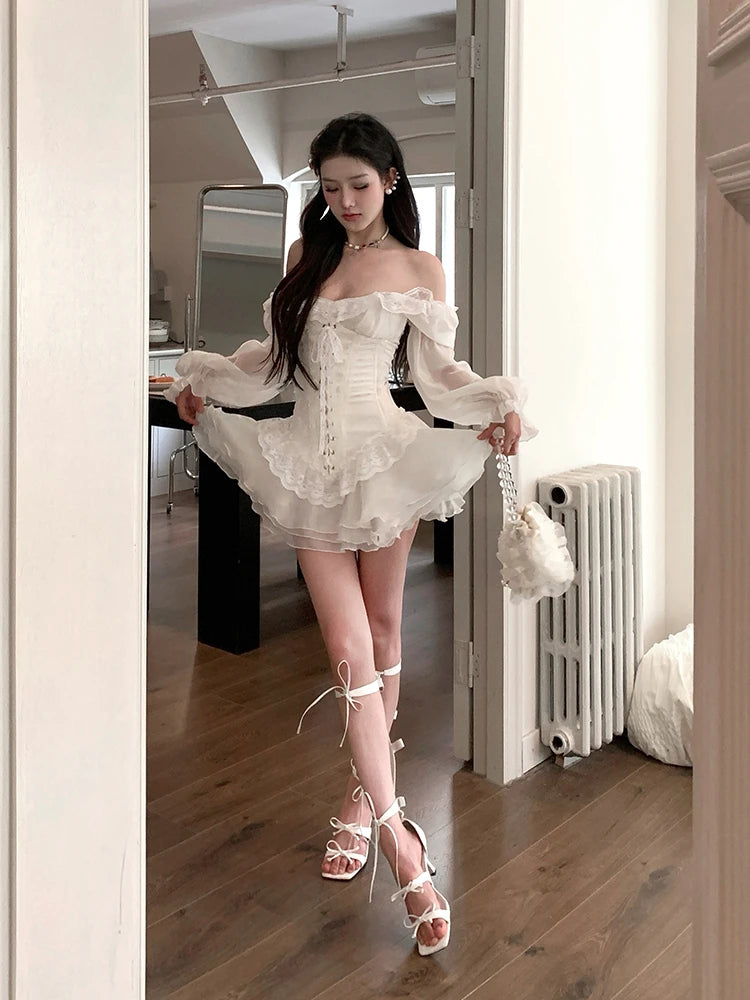 Aiertu White French Elegant Evening Party Dress Women Casual Sexy Lace Puffed Sleeve Short Robe Summer Korean Y2k Sweet Mini Dress Chic Aiertu