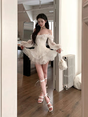 Aiertu White French Elegant Evening Party Dress Women Casual Sexy Lace Puffed Sleeve Short Robe Summer Korean Y2k Sweet Mini Dress Chic Aiertu