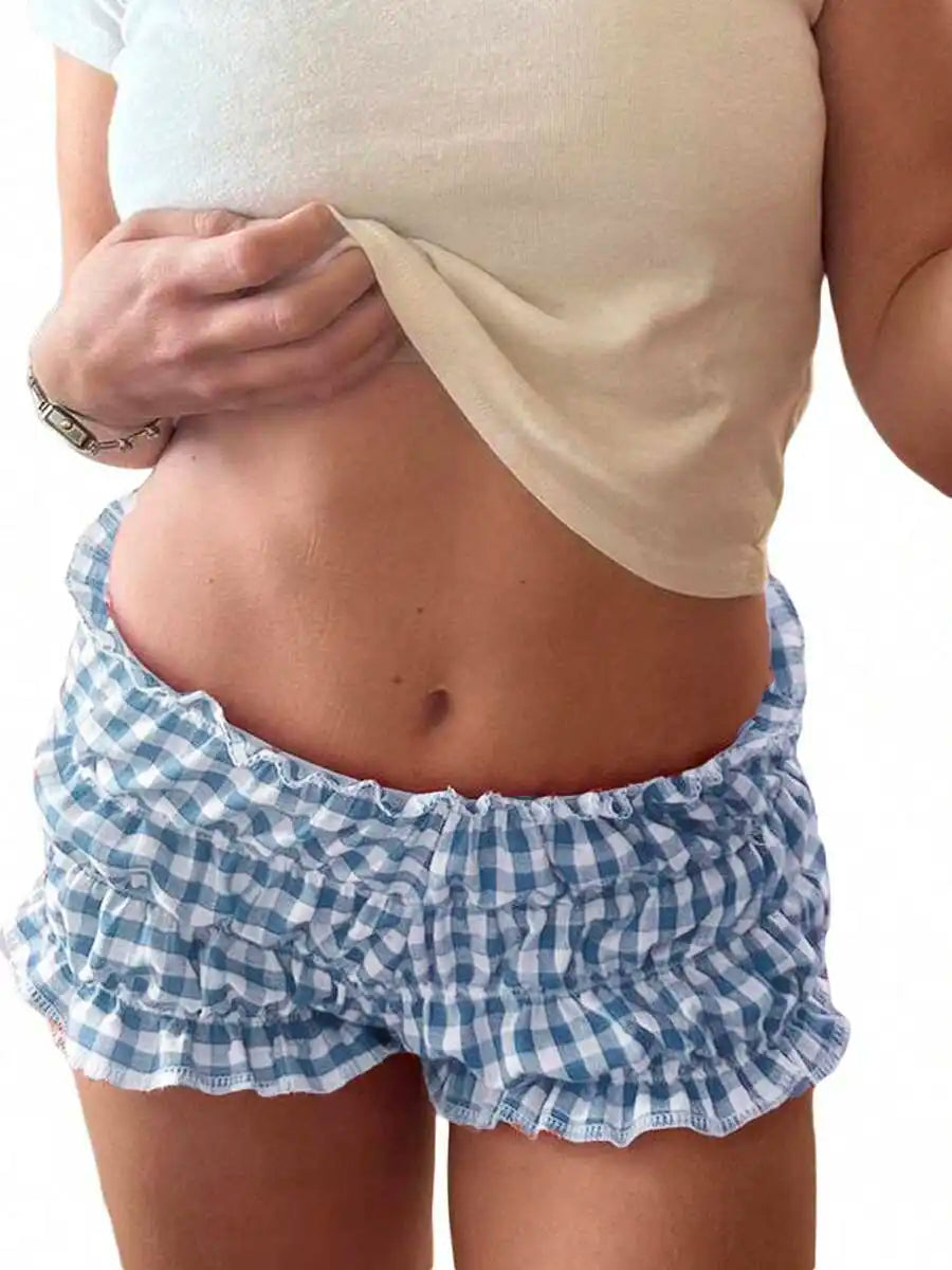 AIERTU  -  Women Plaid Ruffled Boxer Shorts Elastic Waist Loose Fit Summer Beach Shorts Aiertu