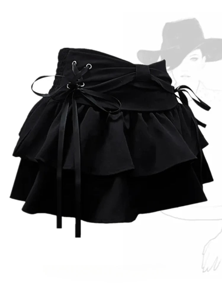 Aiertu Coquette Kawaii Cute Black Bandage Mini Skirt Y2k Sweet Girl Preppy Style Ruffles Pleated Korean Fashion Kpop 2024 Fashion Aiertu