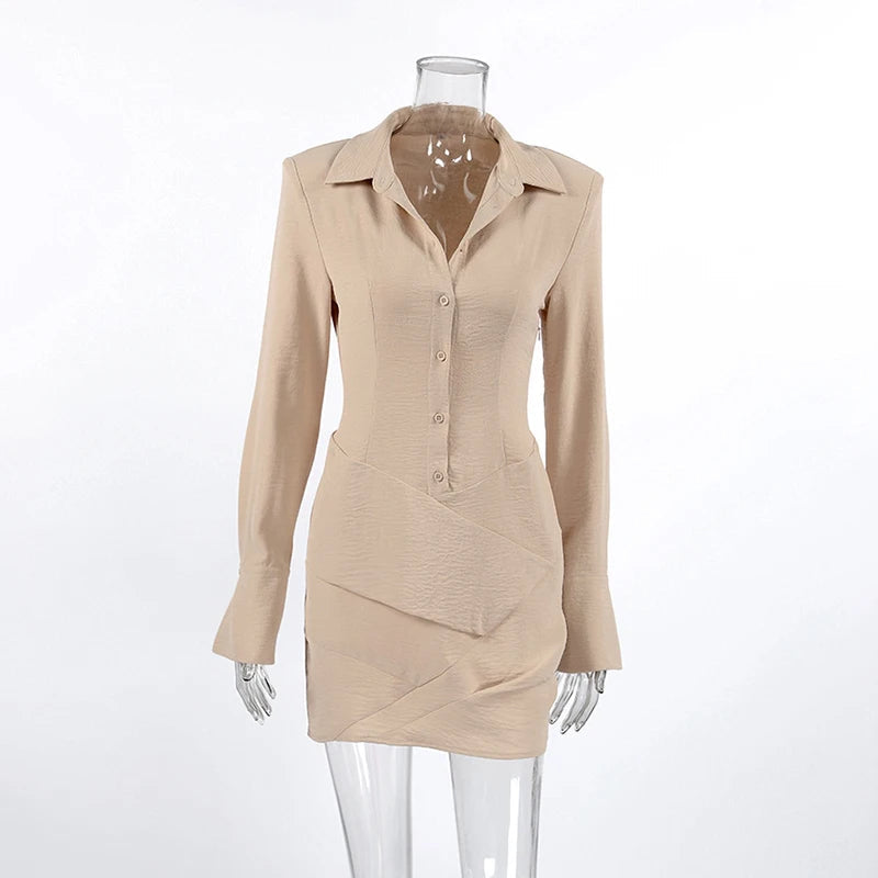 AIERTU  -  Commuting Office Lady Single-breasted Long Sleeved Lapel Pleated Irregular Mini Dress Temperament Fall Party Club Outfits Aiertu