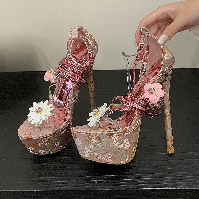 AIERTU  -  Flower Sexy Super High Heels Shoes Women Pvc Ankle Cross Straps Party Dress Shoe Fashion Vacation Novelty Platform Sandals Women Aiertu