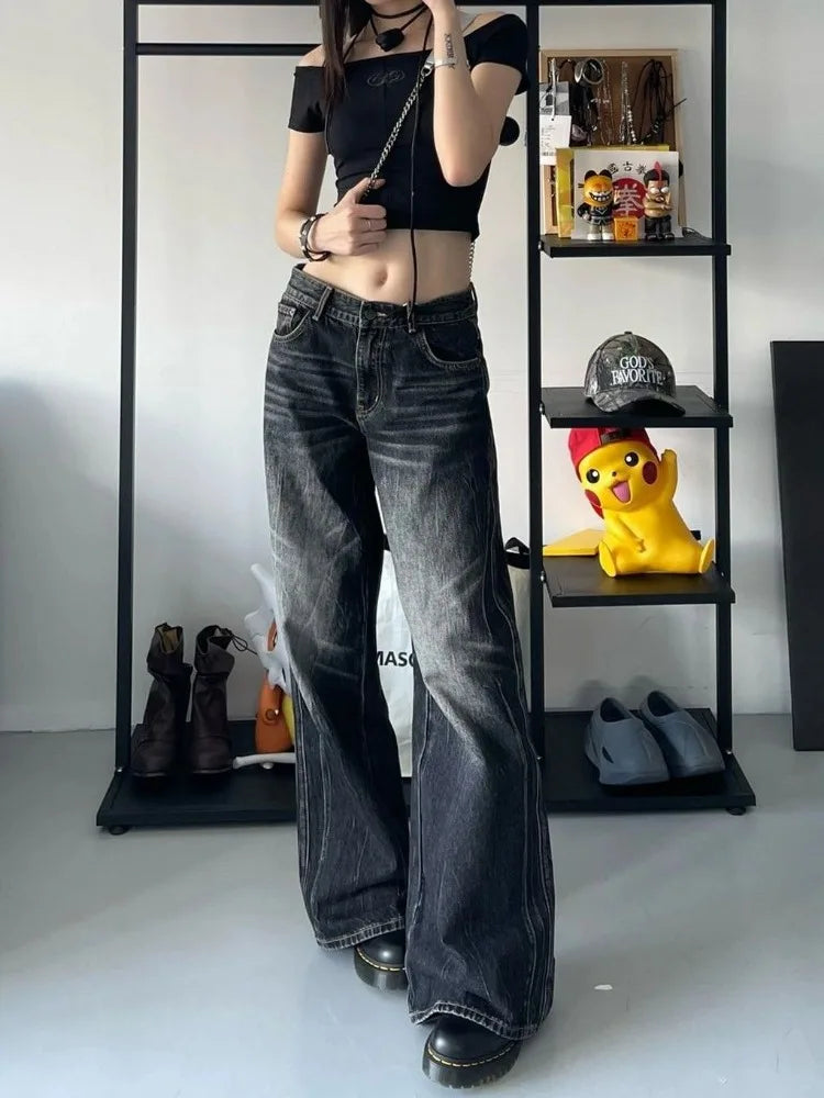 Aiertu Grunge Y2k Black Jeans Women Baggy Vintage High Street Oversized Denim Trousers Gothic Gyaru 2000s Acubi Fashion Jeans Aiertu