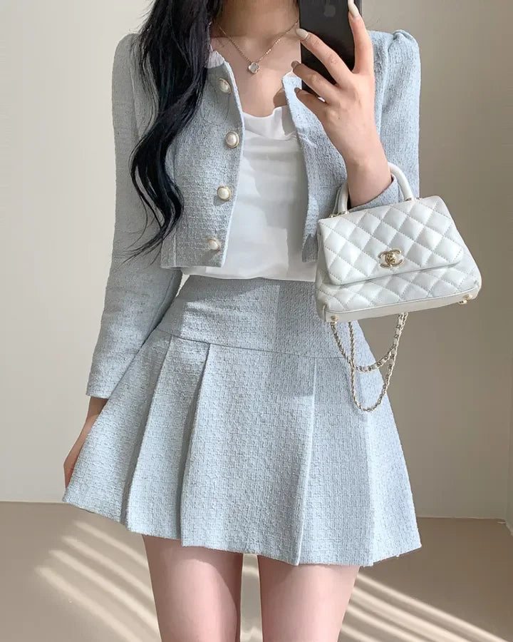 Aiertu Fashion Korea Elegant Tweed Small Fragrance Short Jacket Cropped Coats + High Waist Mini Skirts Suits Slim Women Two Piece Sets Aiertu