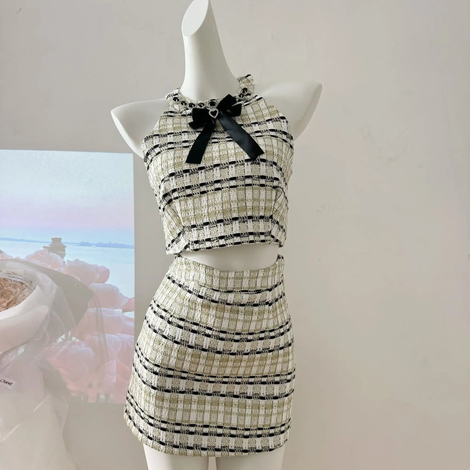 Aiertu French Luxury Small Fragrance Tweed Two Piece Set Women Sweet Crop Top + Skirt Suits Korean Hotsweet Sexy Summer 2 Piece Sets Aiertu