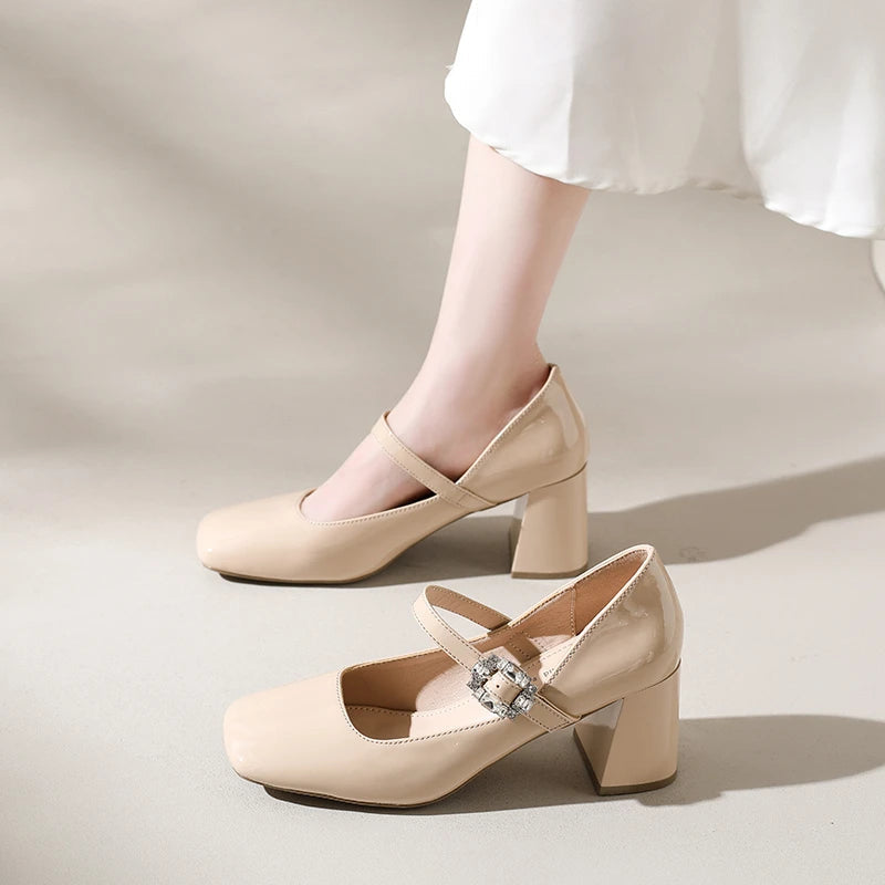 AIERTU  -  Mary Jane Chunky Heel Square Head Simple Single Shoes Women's Patent Leather Strap Diamond Buckle High Heels Spring Autumn Aiertu