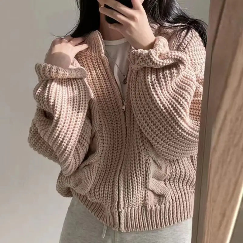 Aiertu FALL OUTFITS Chic Zipper Up Knitted Cardigan Women Autumn Winter Solid Color Twisted Sweater Woman Wild Long Sleeve Jumper Coats Mujer Aiertu