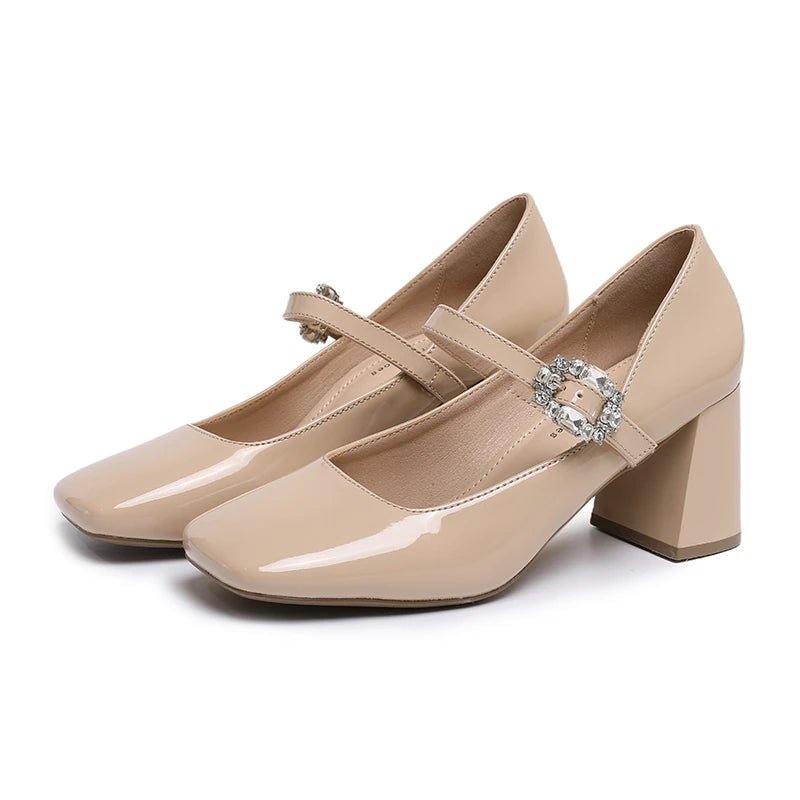 AIERTU  -  Mary Jane Chunky Heel Square Head Simple Single Shoes Women's Patent Leather Strap Diamond Buckle High Heels Spring Autumn Aiertu