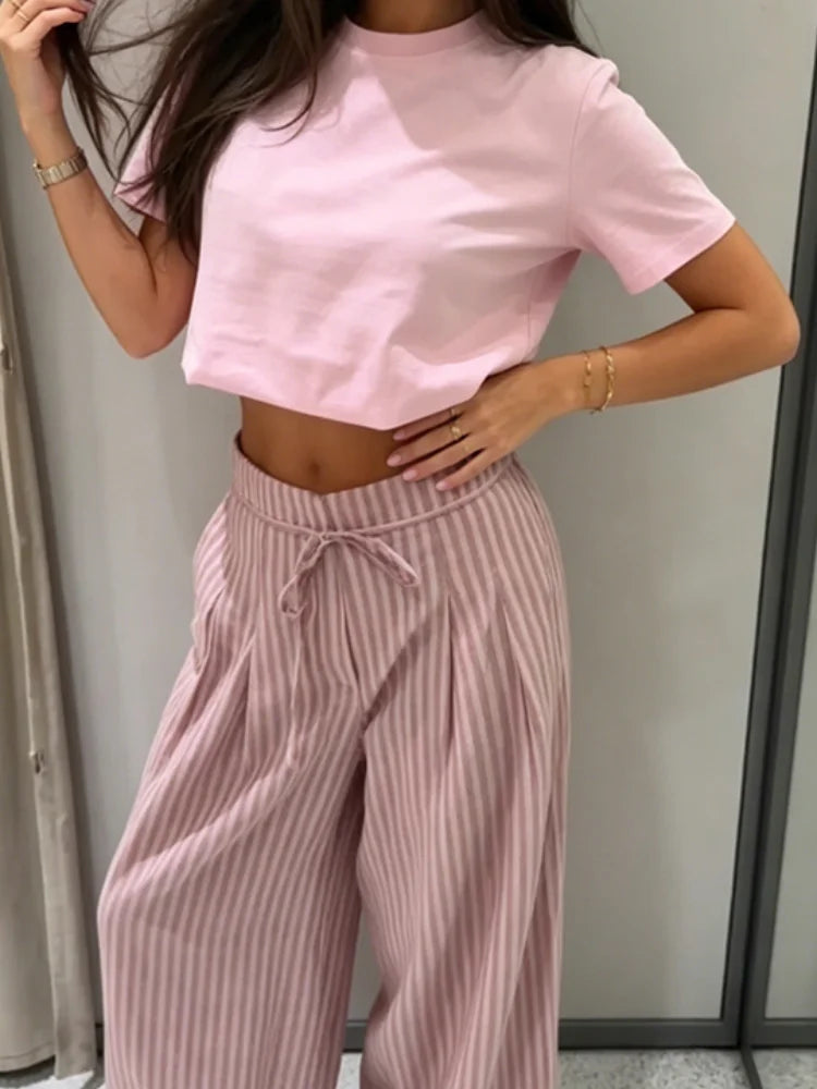 AIERTU  -  Striped Drawstring Wide Leg Pants Women High Waist Side Pocket Vertical Stripe Bottom Lady's Casual Outdoor Streetwear Trousers Aiertu