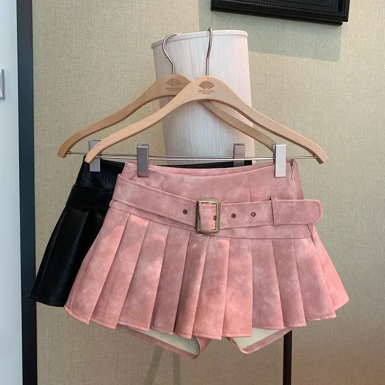 Aiertu  New Winter Women’s Sexy 90S PU Faux Leather Skirt Short Skinny High With Belt Short Mini Pleated Skirt With Shorts Y2K Aiertu